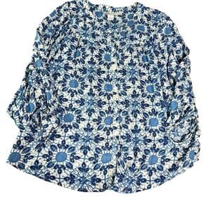 Lucky Brand Women's sz Medium Blue Cream Floral Dolman Sleeve Blouse Button Up